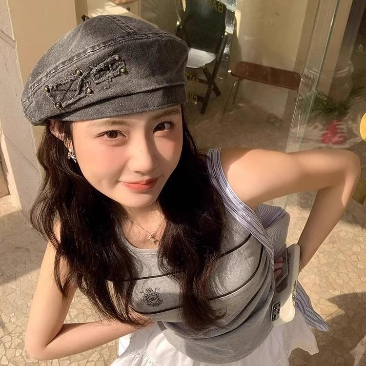 Summer  New Washed Denim Beret Women'S Retro Old Pography All-Match Large Head Circumference Face Small Painter Hat