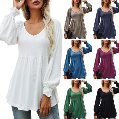 V-neck Elastic Ruffle Cuffs Loose Hem Tunic Blouse Puff Long Sleeve