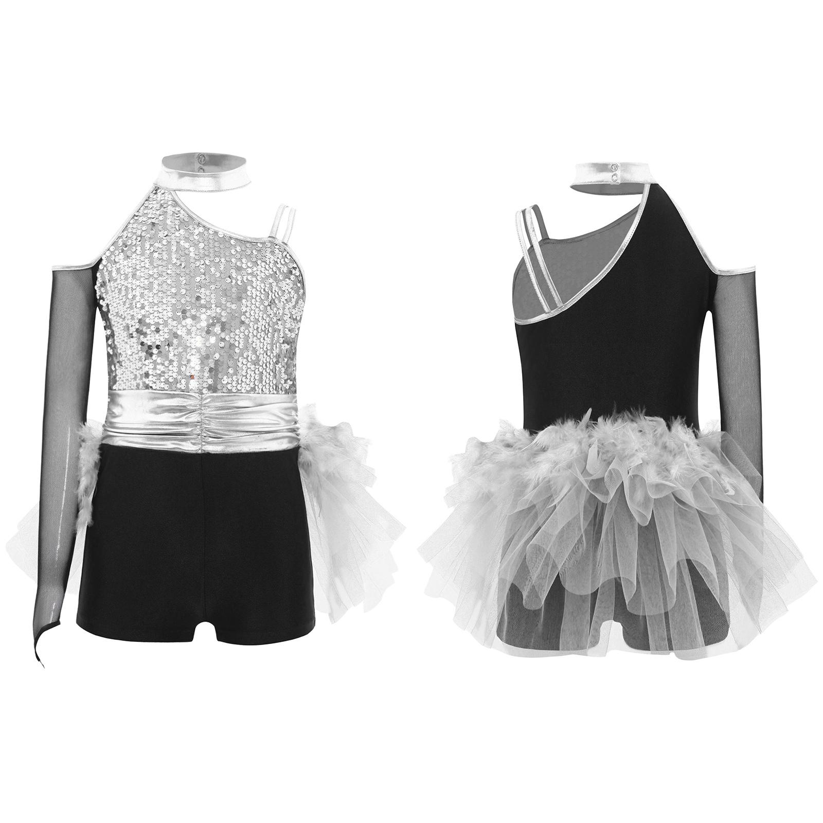 

Girls Jazz Dance Jumpsuit Sparkly Sequins Bodice with Feather Tulle Skirt Ruched Waist Asymmetrical Color Block Leotard 5-6 Years срібний