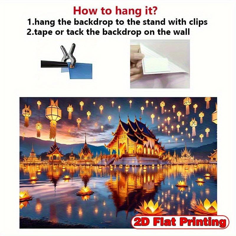 2D Flat Background Scene of Thai Temple Lanterns Made of Polyester. Traditional Thai Architecture and Floating Lanterns