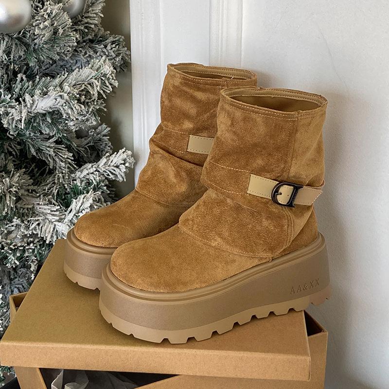 Cowhide version retro brown platform short boots children s new autumn skirt heightening short boots Martin boots 35