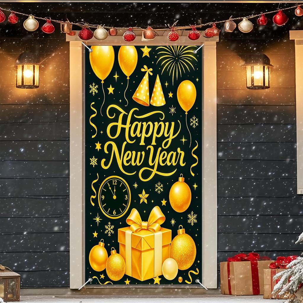 IVN 71x35 Inch Happy New Year 2026 Banner Door Cover New Years Eve Party Backdrop Black Gold Balloons Gift Box Polyester Fabric Front Door Porch