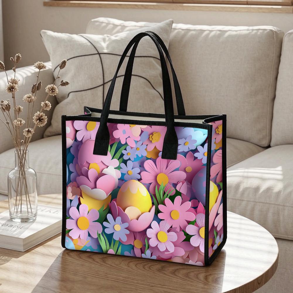 Easter Floral Tote Bag Fashion Large Capacity Daily Shopping Shoulder Handbag for Women