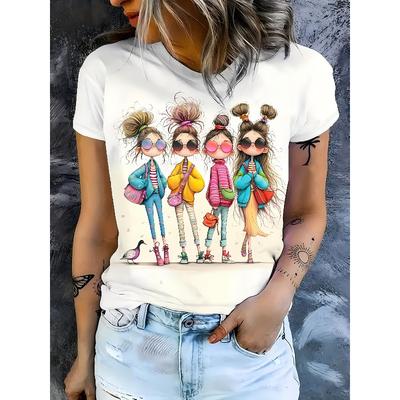 Women's Four Pattern Print Tee Round Neck Short Sleeve All-Season Stylish Casual Trendy Everyday Comfort Top