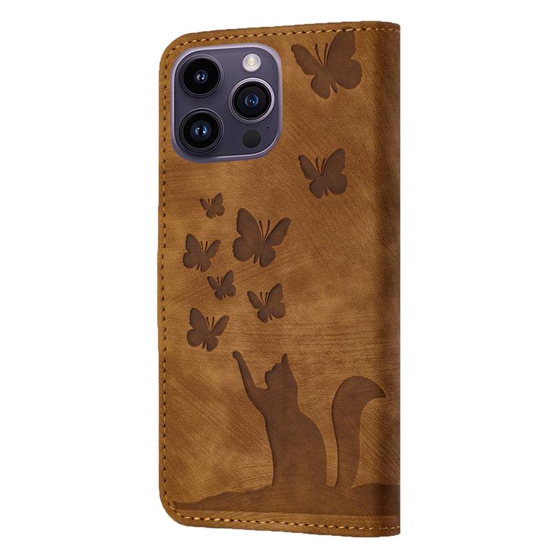 Butterfly Cat Embossed Leather Flip Case for Apple iPhone Pro Max SE3 - Card Holder for Women