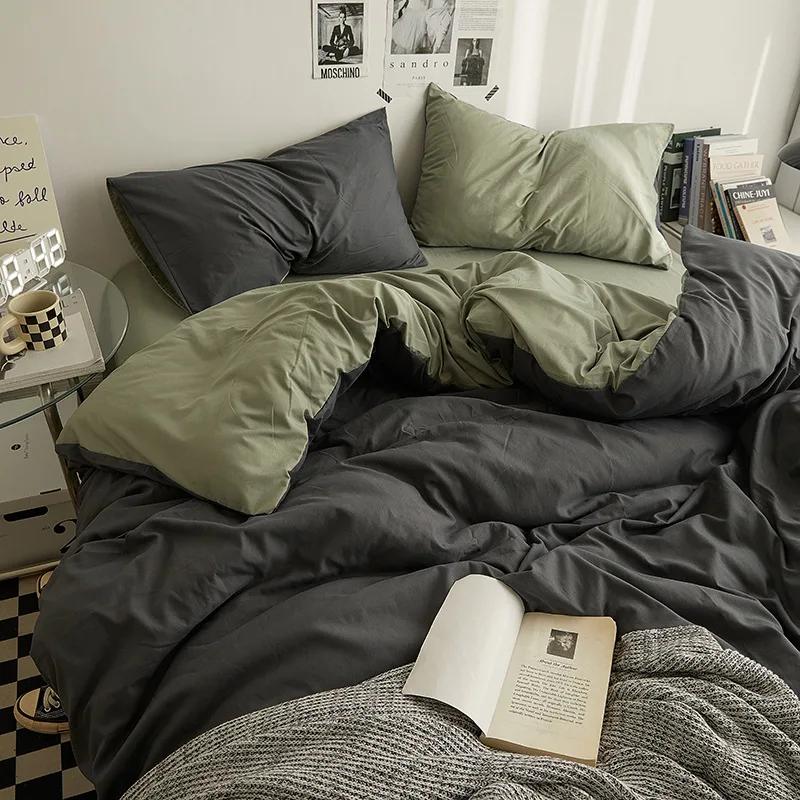 Fashion Solid Color Bed Sheet Style Duvet Cover Set Ab Double-Sided Color Matching Comfortable Sets Washed Cotton Bedding