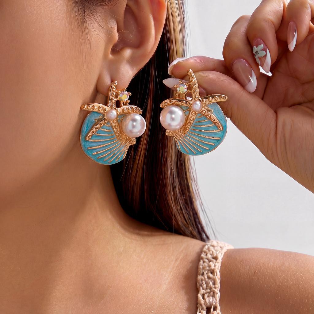 Ocean Exaggerated Shell Starfish Pearl Stud Earrings For Women Blue Textured Seashell Earring Girls Beach Party Vacation Jewelry