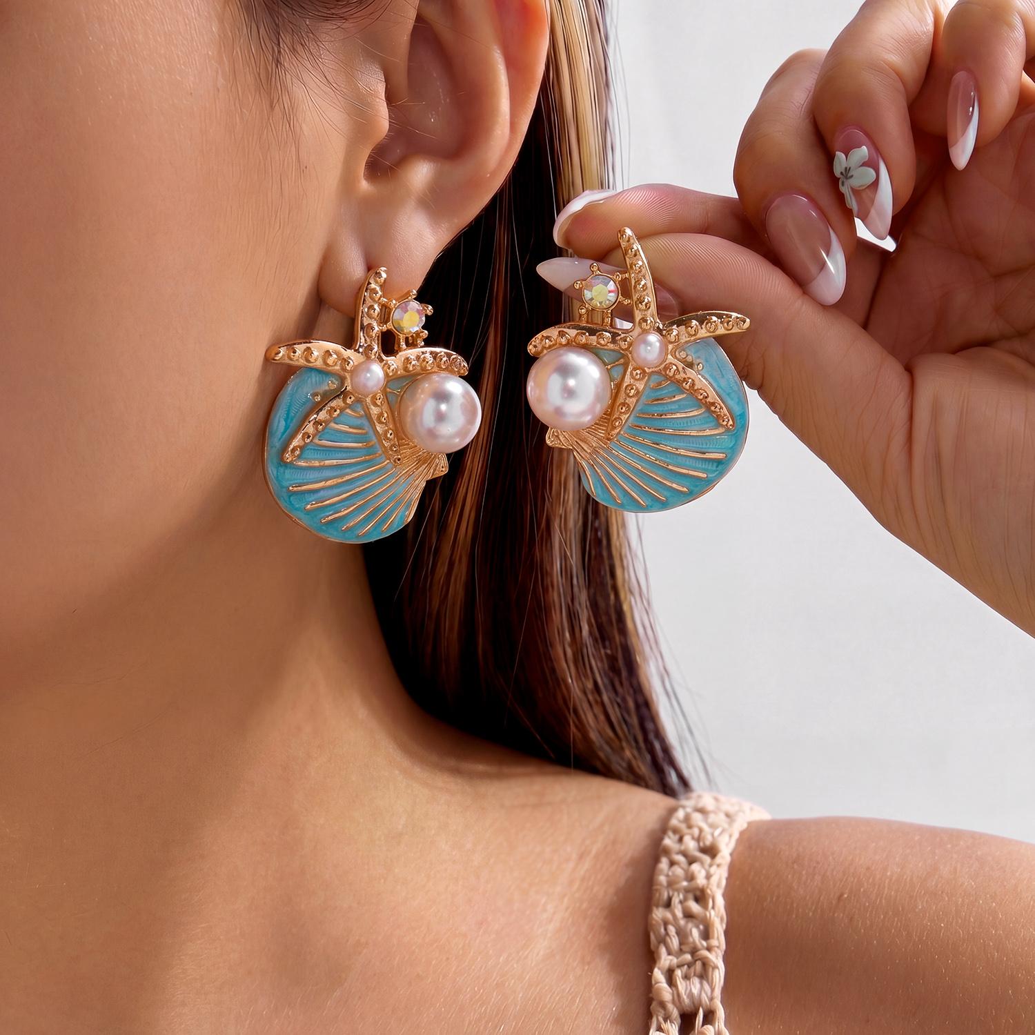 

Ocean Exaggerated Shell Starfish Pearl Stud Earrings For Women Blue Textured Seashell Earring Girls Beach Party Vacation Jewelry