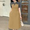 ZANZEA Women Stripe Patchwork Casual Turn Down Collar Summer Short Sleeve Dress