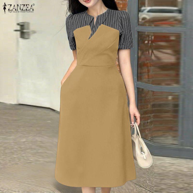 ZANZEA Women Stripe Patchwork Casual Turn Down Collar Summer Short Sleeve Dress