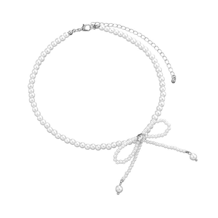 Elegant Simulated Pearls Necklace Bowknot Neckchain Girl Simple Tassels Neckwear