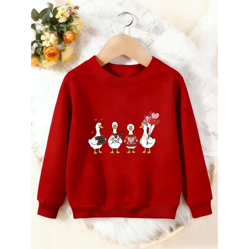 Unisex Kids Crewneck Sweatshirt, Cute Cartoon Love Duck Heart Balloon Print Long Sleeve Pullover, Boys Girls Sweatshirt For Kids Over 4 Years Old