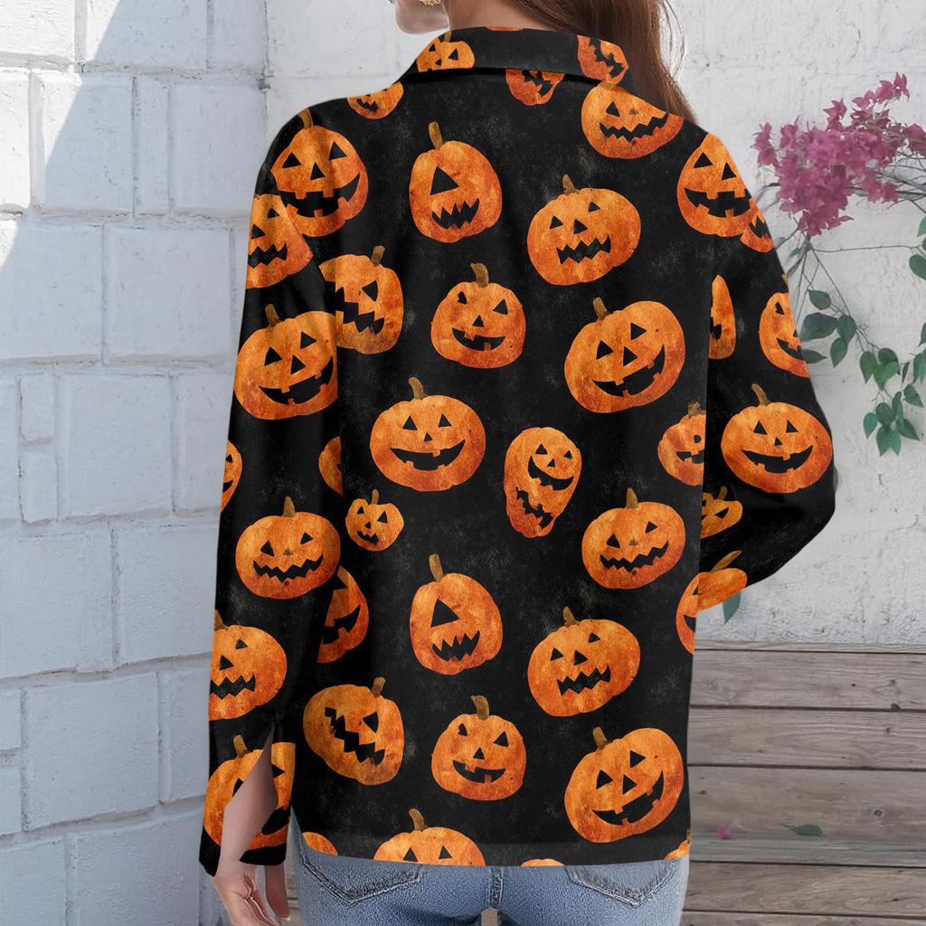 Women’s Halloween Print Button Down Long Sleeve Fit Shirt Turn Down Collar Top for Casual Daily Wear