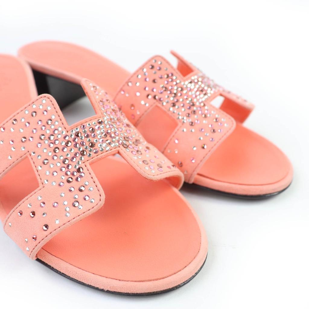 Excellent HERMES Mule Oasis Suede leather sandals with jewels Orange series 37 Used