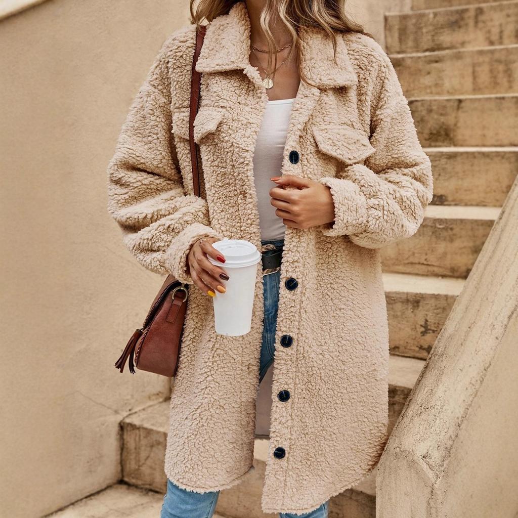New Women's Winter Long Plush Coat, Lapel Open Button Loose Commute Elegant Overcoat for European American