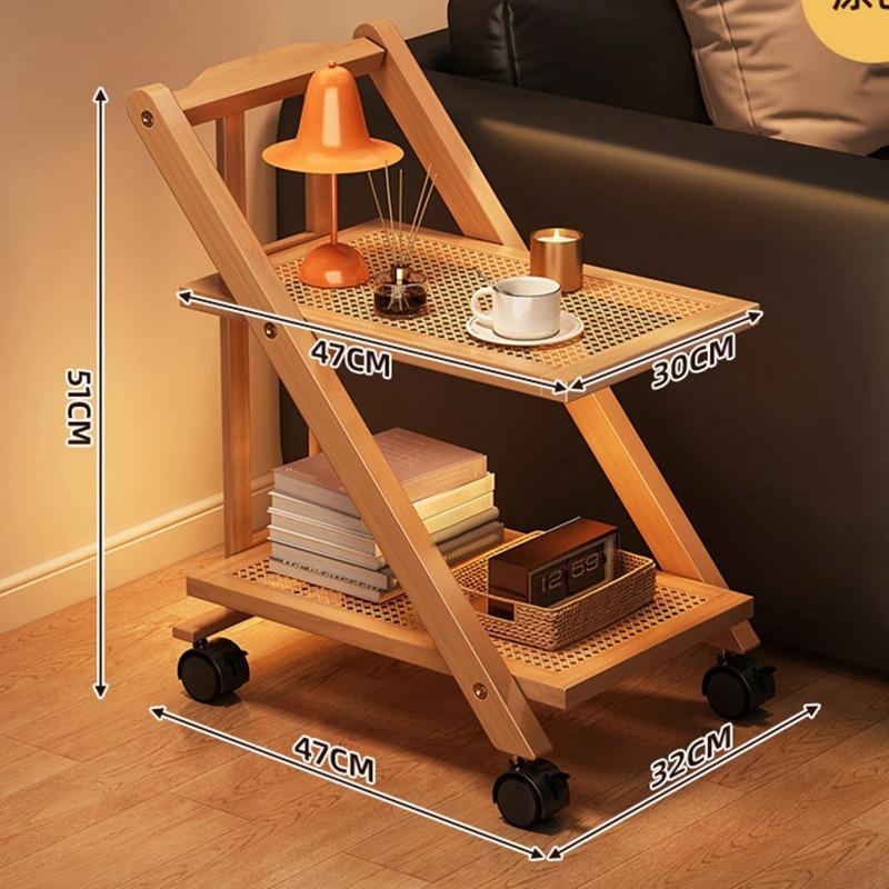 Foldable Bedside Table with Wheel Storage Rack, 2-layer Storage Sofa, Bookshelf, Floor Standing Coffee Table, Bedroom Snack Cart