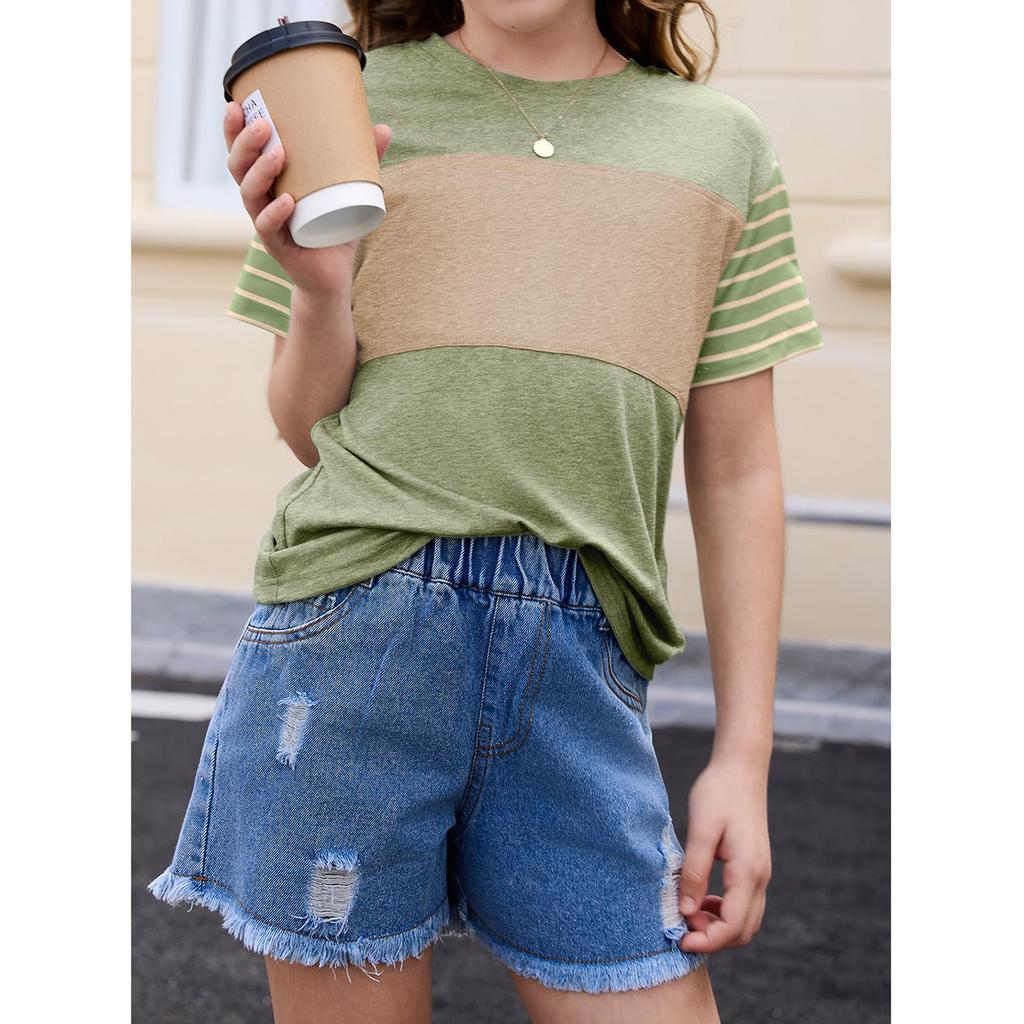 Girls Summer Shirts Short Sleeve Color Block Tops