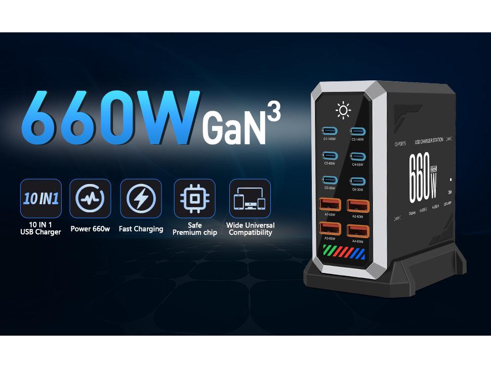660W High-Power Multi-Port GaN Fast Charger for Phones & Tablets - Universal Desktop Charging Station