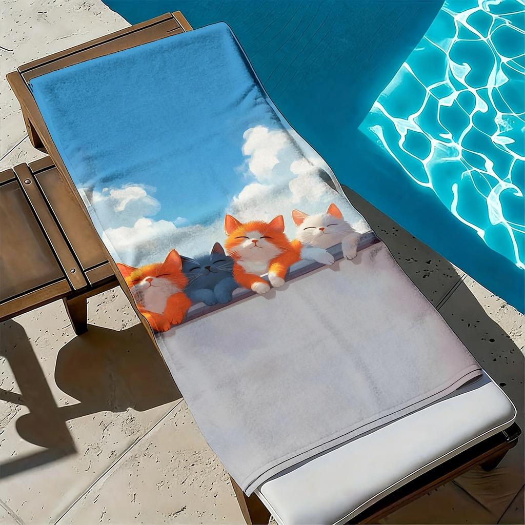 Cute cat cartoon pattern polyester microfiber beach towel is highly absorbent, suitable for swimming and beach outings
