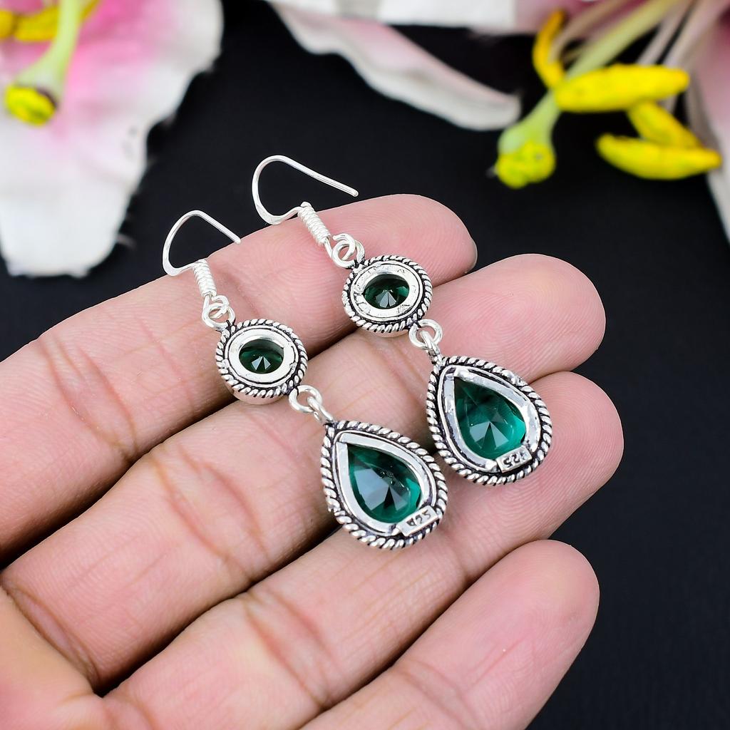 Green Tourmaline Gemstone Handmade 925 Sterling Silver Earring 2.56" KG-427
