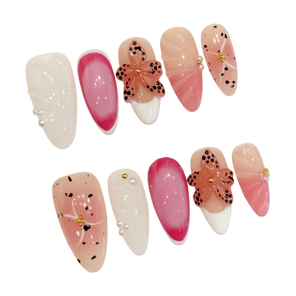 10Pcs Nail Art Tips with 3D Flower Design and Ink Splatter Pattern for Sensitive Skin