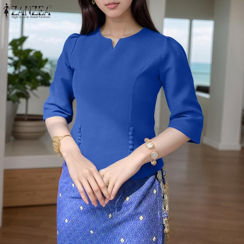 ZANZEA Women Casual V-Neck Solid Color Summer Half Sleeve Blouse
