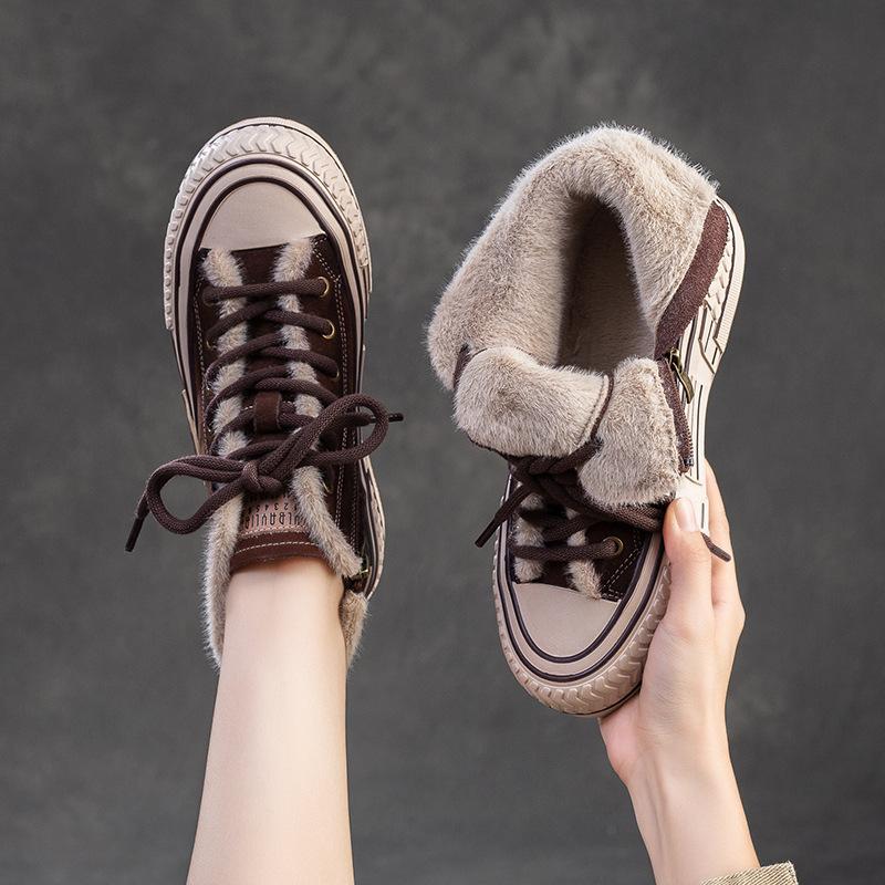 Fashion GKTINOO 4.5cm Suede Genuine Leather Ankle Booties Autumn Boot Flat Thick Sole Motorcycle Winter Plush Women Platform Wedge Shoes