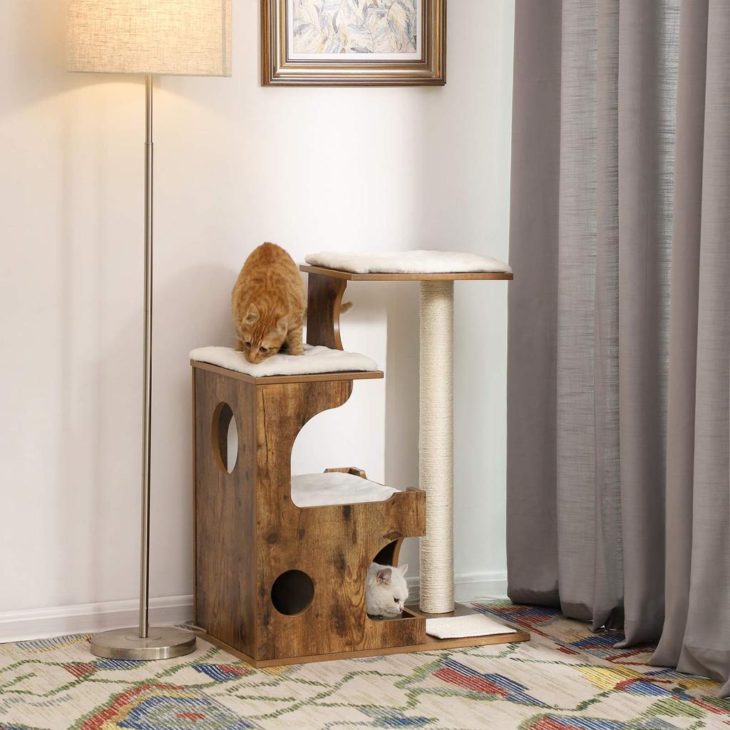 FEANDREA 86 cm Cat Tree, Medium Cat Tower with 3 Beds and Cave, Cat Condo Made of MDF with Wood Veneer, Sisal Post and Washable Faux Fur, Vintage