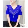 Summer V Neck Mesh Korean Fashion Patchwork Diamond Shirt Short Sleeve Women T Shirt
