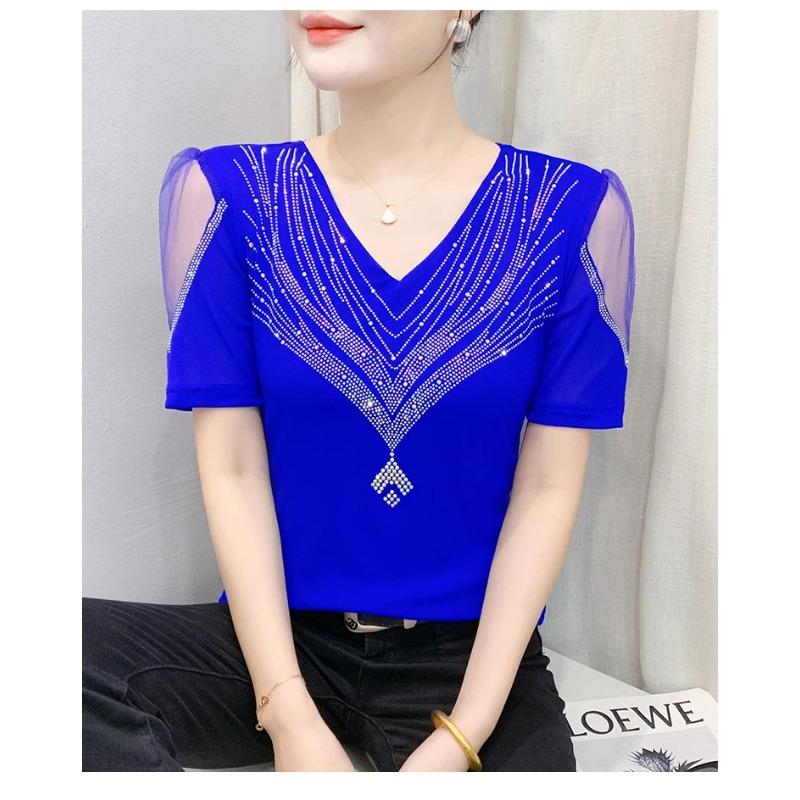 Summer V Neck Mesh Korean Fashion Patchwork Diamond Shirt Short Sleeve Women T Shirt