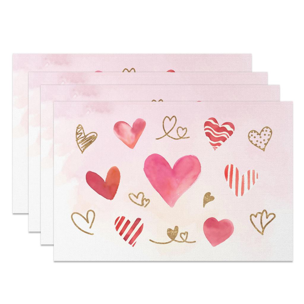 Heart Shape Placemats Romantic Love Pattern 4pc Linen Dining Mats Heat Resistant Valentine's Day Wedding Anniversary Party Decor