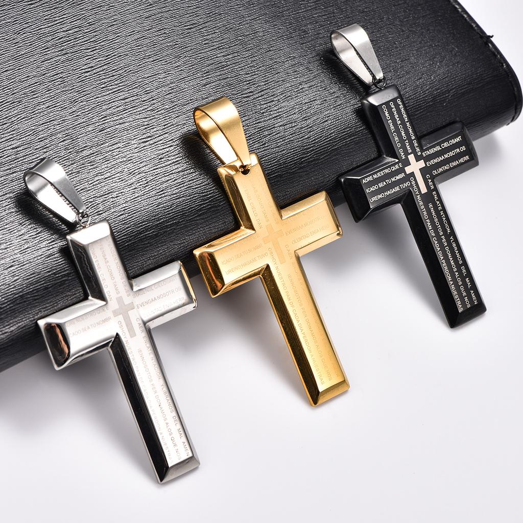 Stainless Steel Chunky Punk Printing Cross Pendant Necklace for Women Men Religious Prayer Faith Charms Chain Metal Jewelry Gift