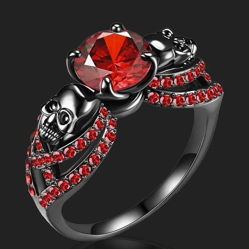 Gothic Black Ring Red Crystal Vampire Double Skull Rings for Women Party Wedding Jewelry