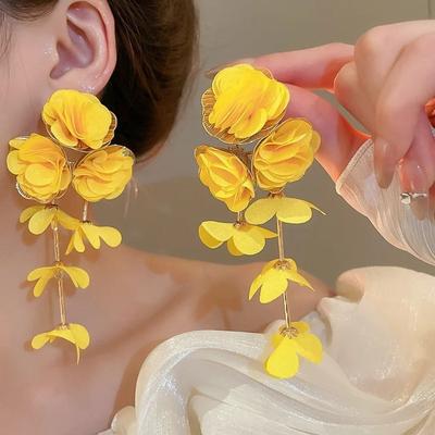 Chiffon Long Drop Earring Multicolor Women Earrings Sweet Flowers Tassel Earrings  Beach Vacation