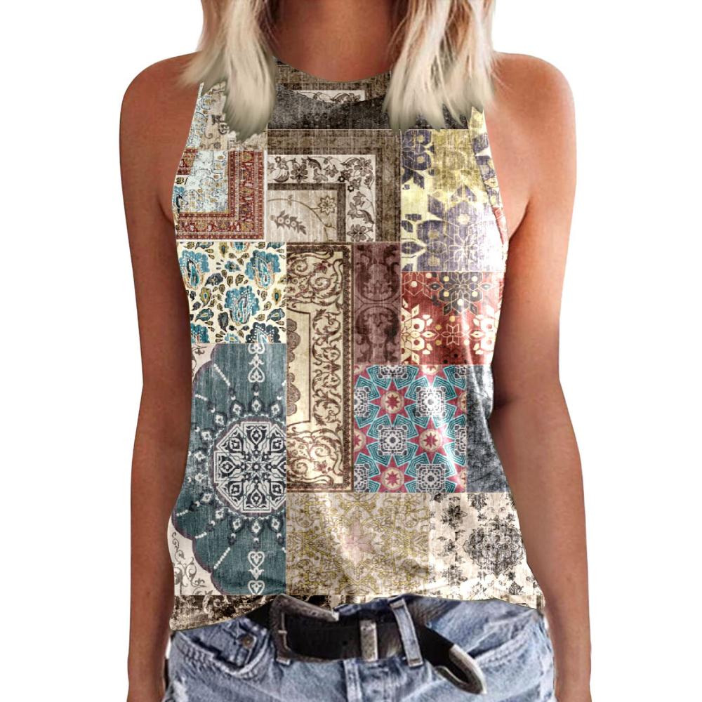Bohemian style women's T-shirt, printed sleeveless T-shirt, casual summer basic loose T-shirt, beach top, women's fashionable top