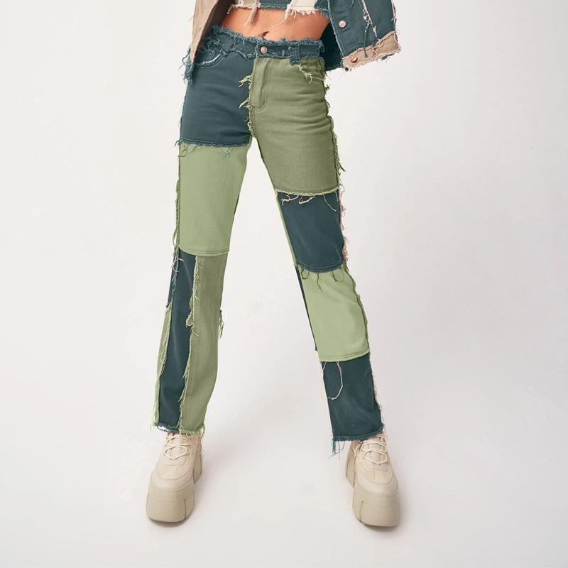 Women's Plus Size Mixed Colour Splicing High Waisted Tight Hip Women's Straight Jeans Trousers