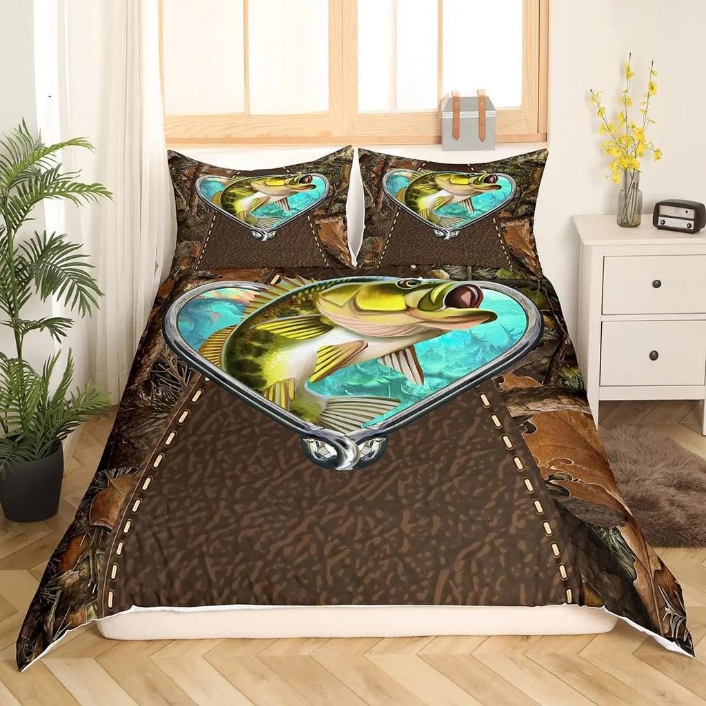 Premium Pike Fish Bedding Striped Bass Big Pattern Hunting And Fishing Themed Duvet Cover For Boys Bedroom Decorations For Teens