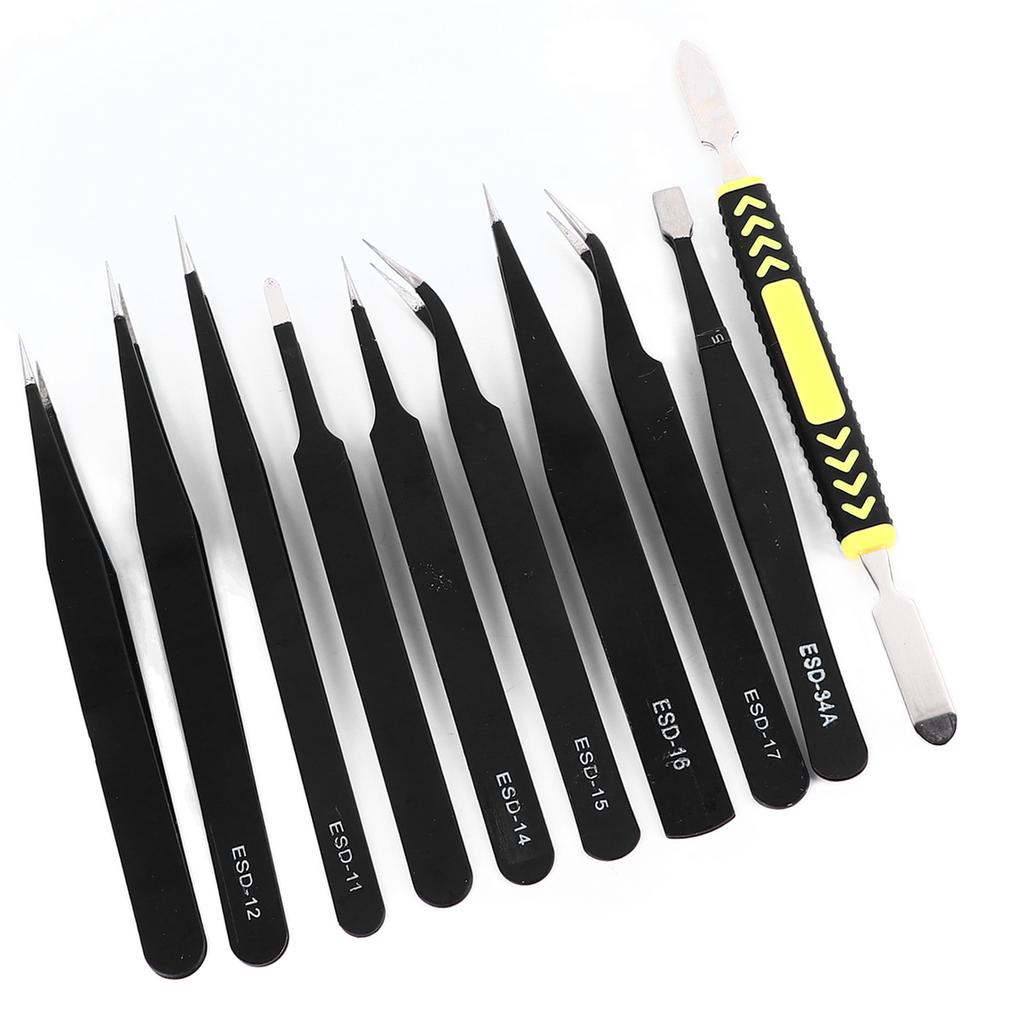 10PCS Set Craft Tweezers Kit Stainless Steel Tip Elbow Soldering Tweezers Kit with Storage Bag