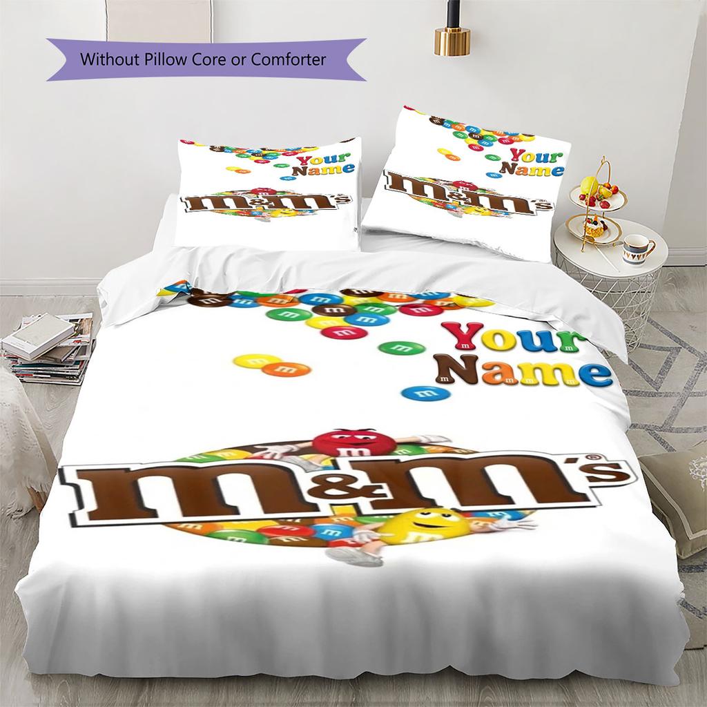 M&M's Bettwäsche mit individuellem Namensmuster, Steppbett-Set, Bettbezug, Kissenbezug, Heim-Geburtstagsgeschenk(1 Bettbezug + 2 Kissenbezüge, ohne Füllung)