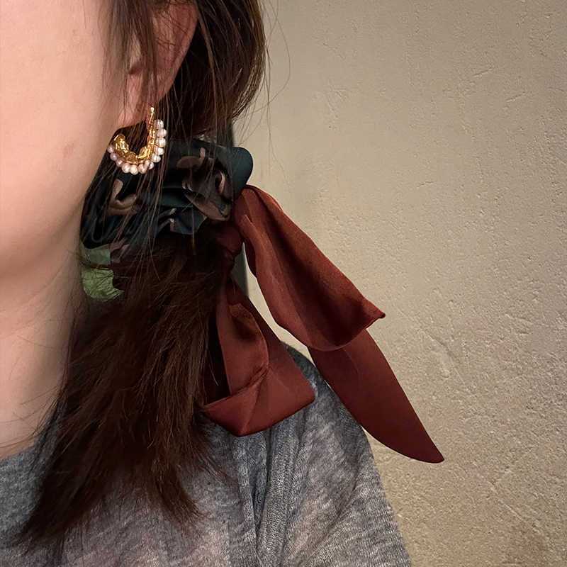 1pc Korean Version of High-end Women's Exquisite Retro Printed Ribbon Headband Headband, Fashionable Tied Ponytail