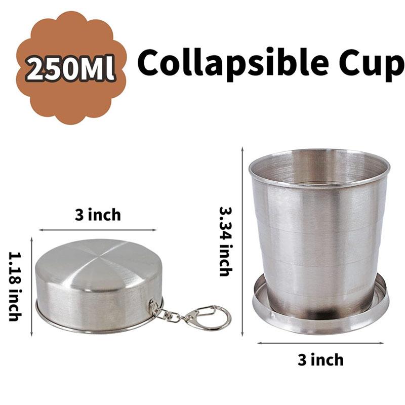 250ml Collapsible Travel Cup With Keychain 2pcs Stainless Steel Folding Camping Cup Portable Drinking Mug Travel Reusable Cups