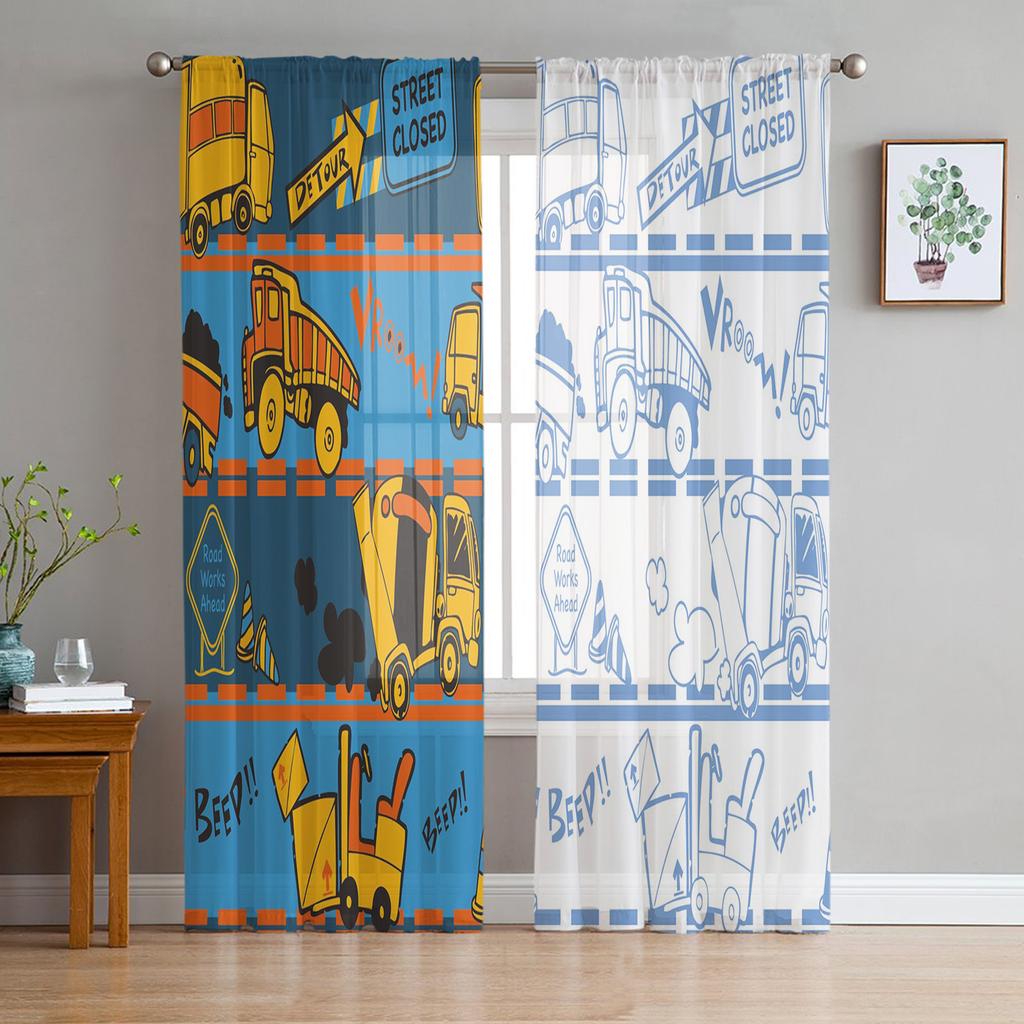Cartoon Fire Truck Ambulance Police Car Tulle Curtains Living Room Decoration Chiffon Voile Kitchen Bedroom Curtain With Light Filtering Polyester