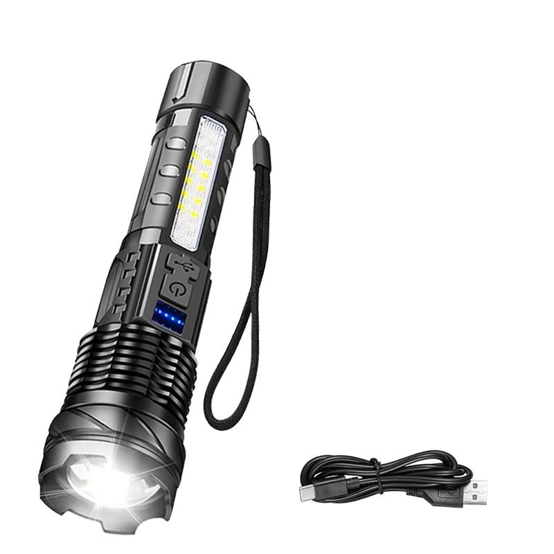High Power LED Flashlight Portable Zoom Torch Type-C Rechargeable Waterproof Light with COB Side Lamp for Outdoor Camping Hiking