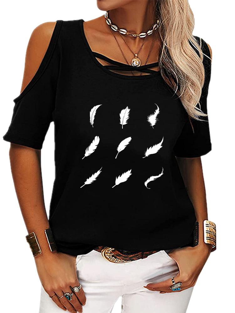 

Women Casual Short Sleeve Shirt Summer O Neck T-shirt Ladies Fashion Print Off Shoulder Top 5Xl чорний