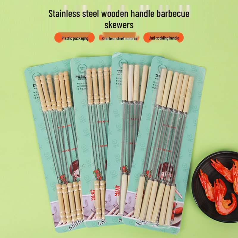Stainless Steel BBQ Skewers with Wooden Handle for Home, Commercial, and Supermarket Use