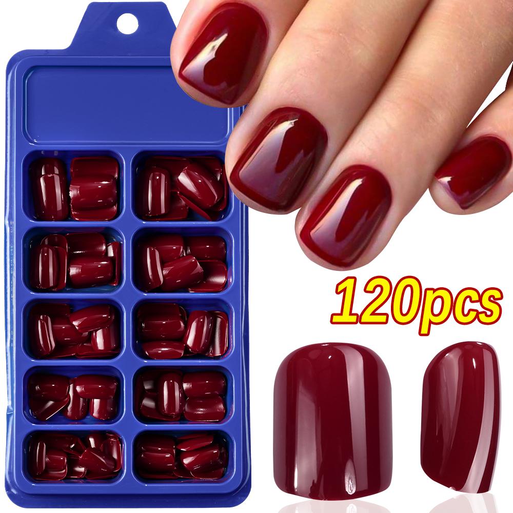 120Pcs Short Square Wine Red Press on Nails Classic Vintage Red False Nails Full Cover Acrylic Fake Nails DIY Wearable Nail Tips