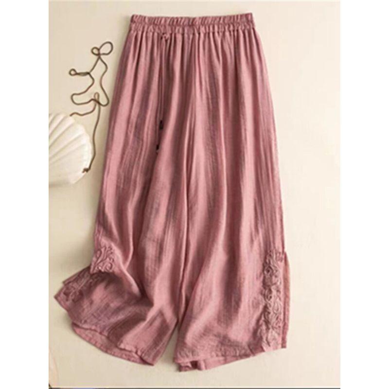 Leak-Picking ~ Counter Tail Linen Cropped Casual Pants Women's Artistic Embroidered High Waist Lightweight Summer Cotton and Linen Wide-Leg Pants
