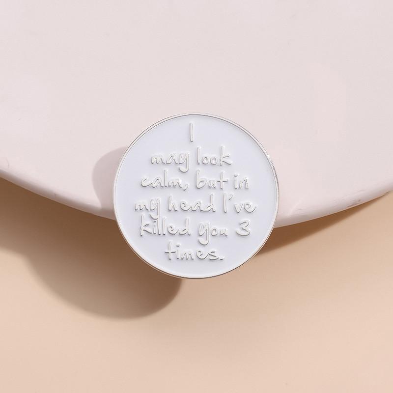 Chic Letter White Brooch Artistic Round Metal Pin Glossy Finish For Fashion Lovers