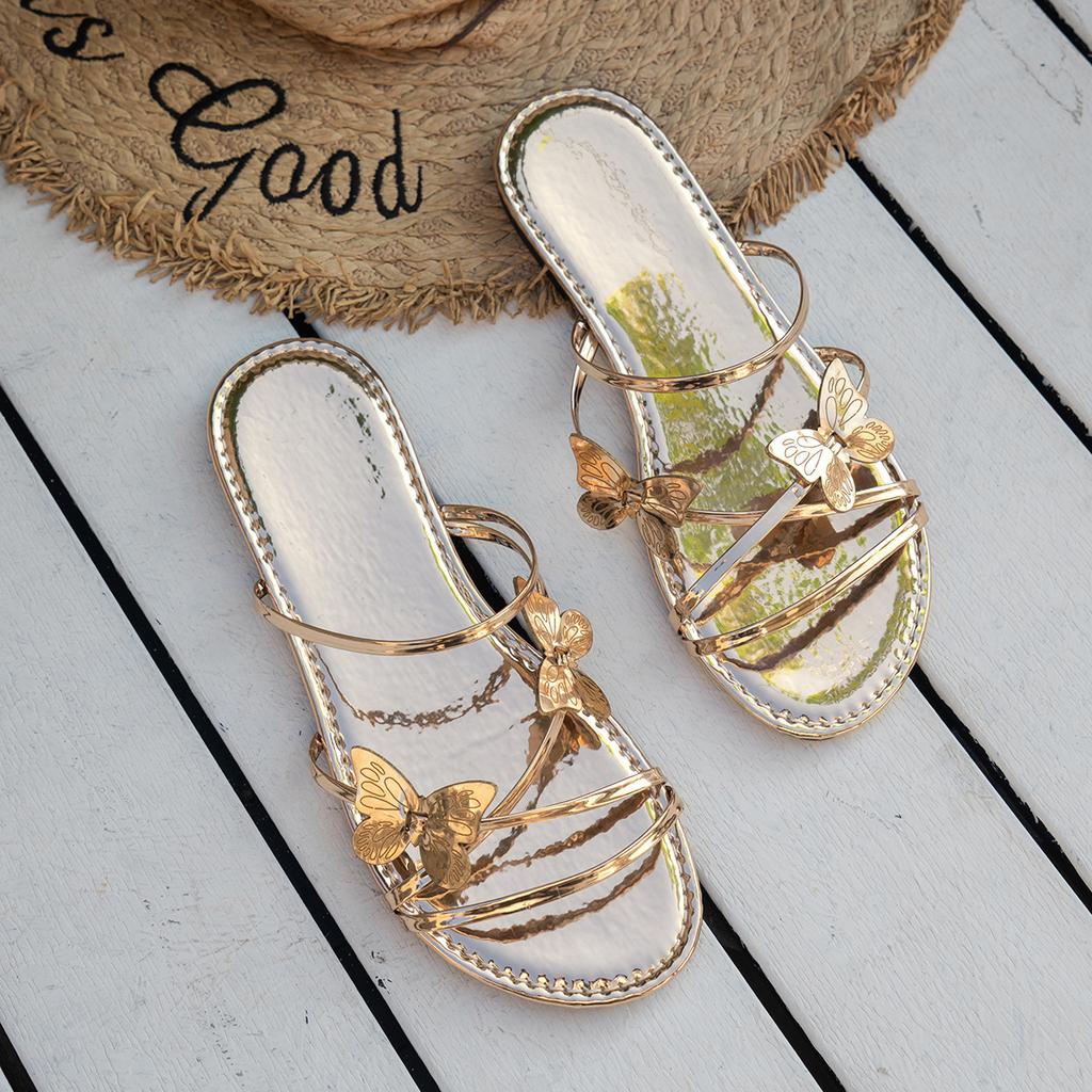 Fashion Butterfly Design Woman Slippers Summer Chic Rose Gold Metal Band Slides Ladies Casual Outdoor Flat Beach Sandal Shoes Plus Size