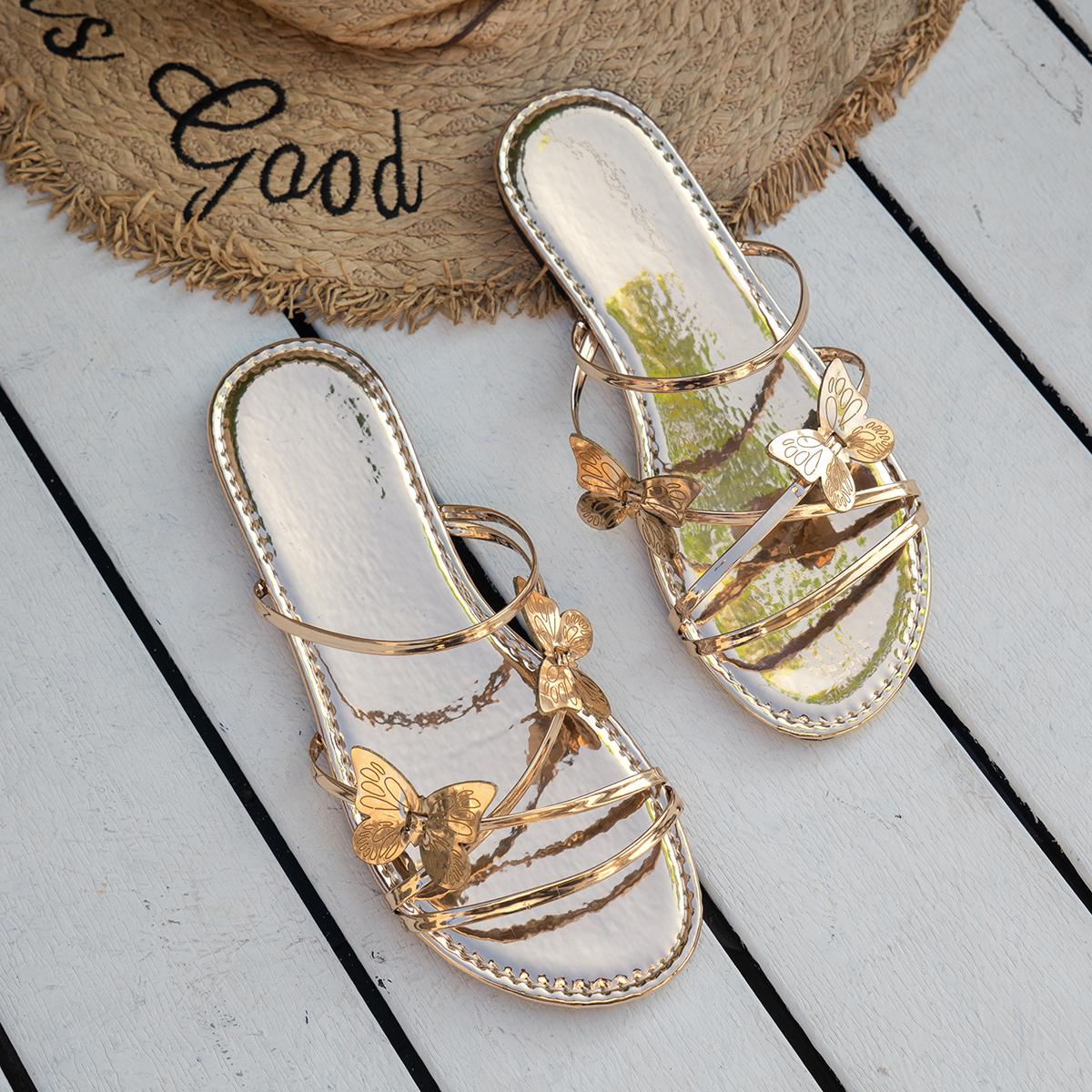 

Fashion Butterfly Design Woman Slippers Summer Chic Rose Gold Metal Band Slides Ladies Casual Outdoor Flat Beach Sandal Shoes Plus Size 36